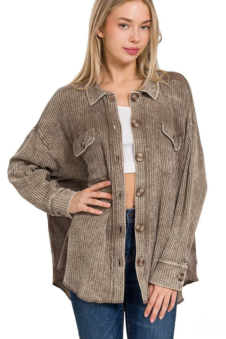 Zenana Acid Wash Oversized Cotton Waffle Shacket