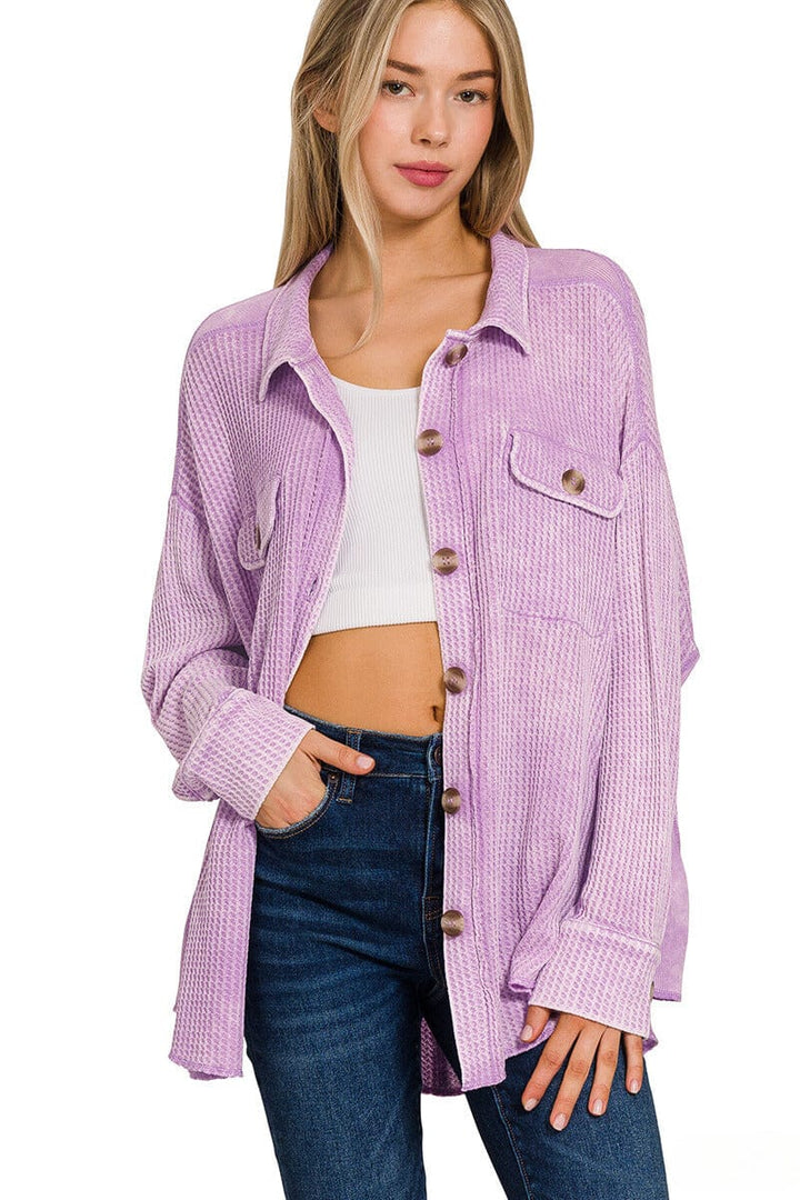 Zenana Acid Wash Oversized Cotton Waffle Shacket