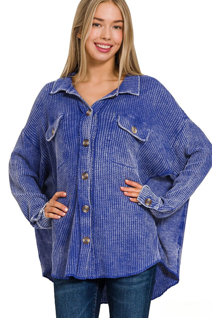 Zenana Acid Wash Oversized Cotton Waffle Shacket