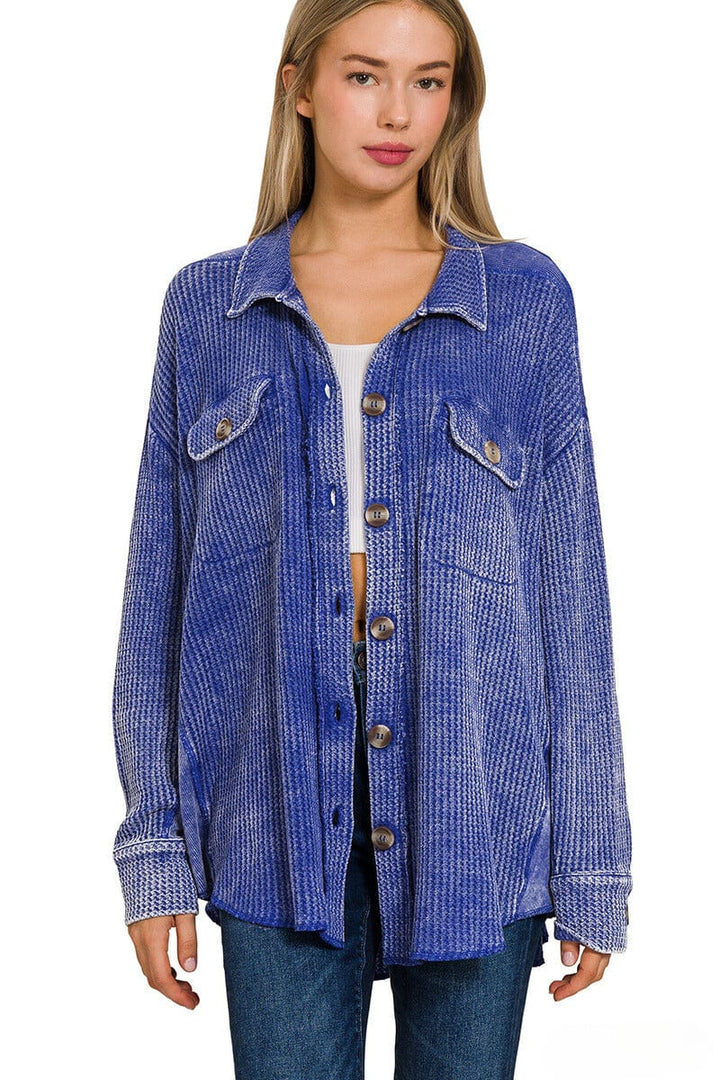 Zenana Acid Wash Oversized Cotton Waffle Shacket