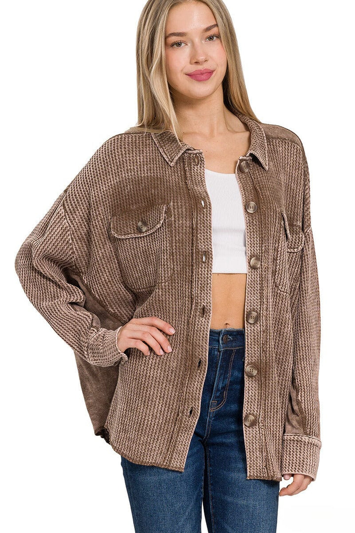 Zenana Acid Wash Oversized Cotton Waffle Shacket