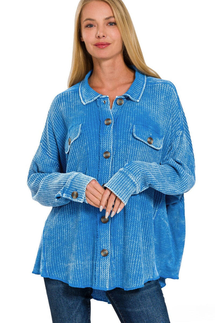 Zenana Acid Wash Oversized Cotton Waffle Shacket