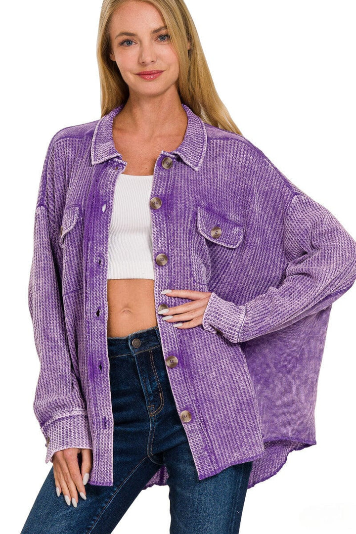 Zenana Acid Wash Oversized Cotton Waffle Shacket