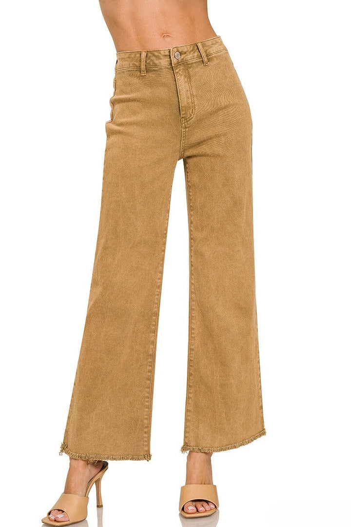 Zenana Acid Washed Frayed Cutoff Hem Straight Wide Pants