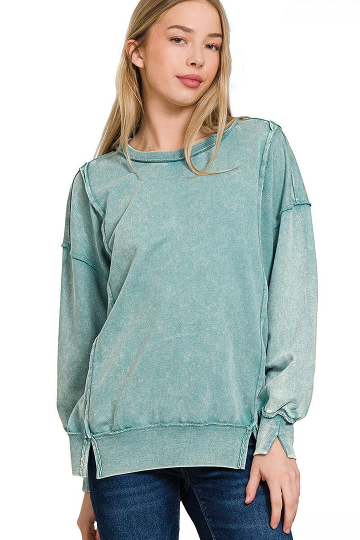 Zenana Acid Washed French Terry Exposed Seam Sweatshirt