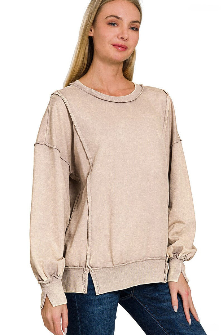 Zenana Acid Washed French Terry Exposed Seam Sweatshirt