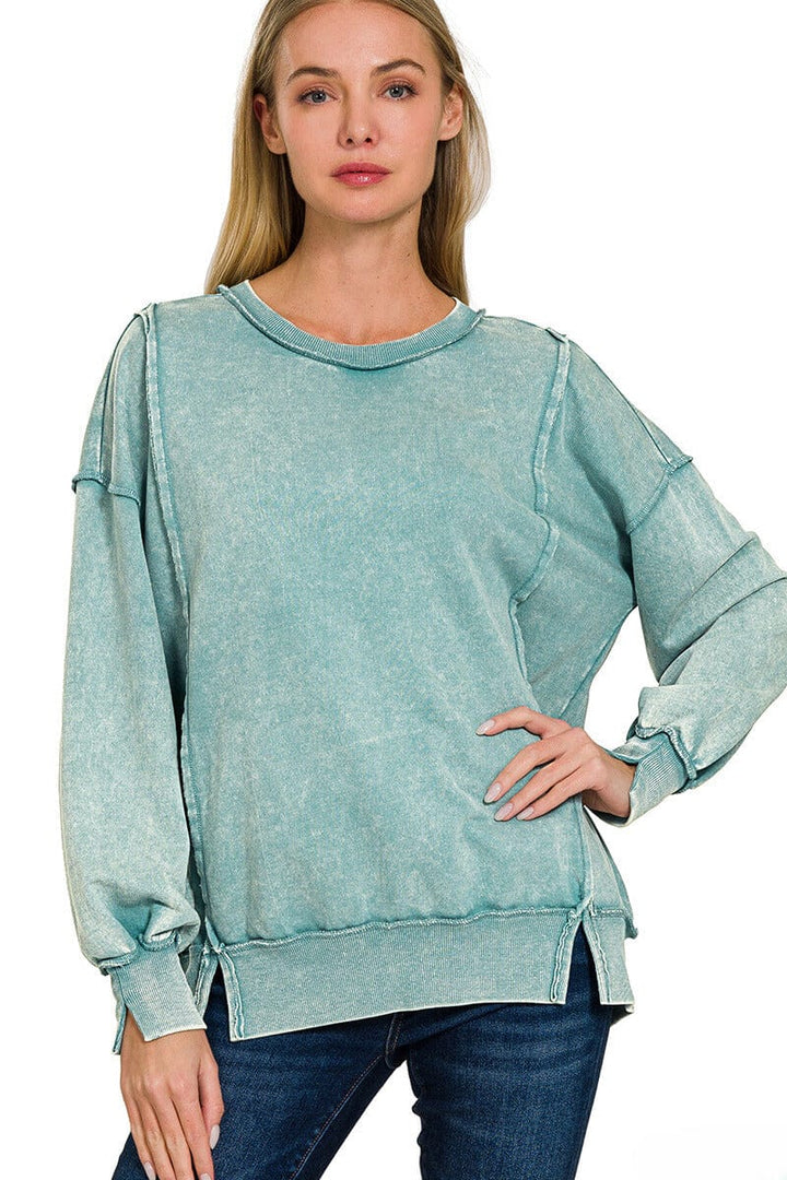 Zenana Acid Washed French Terry Exposed Seam Sweatshirt