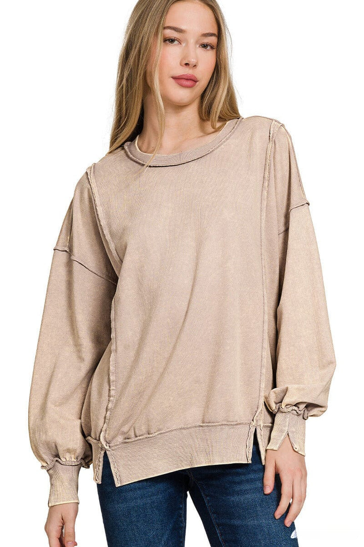 Zenana Acid Washed French Terry Exposed Seam Sweatshirt