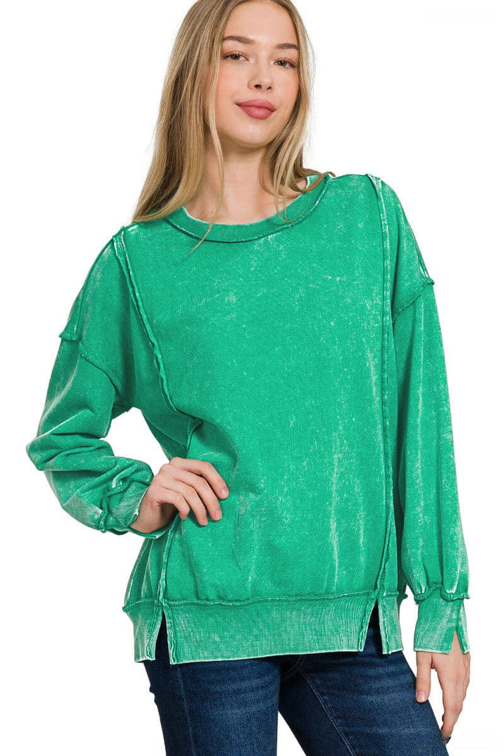 Zenana Acid Washed French Terry Exposed Seam Sweatshirt