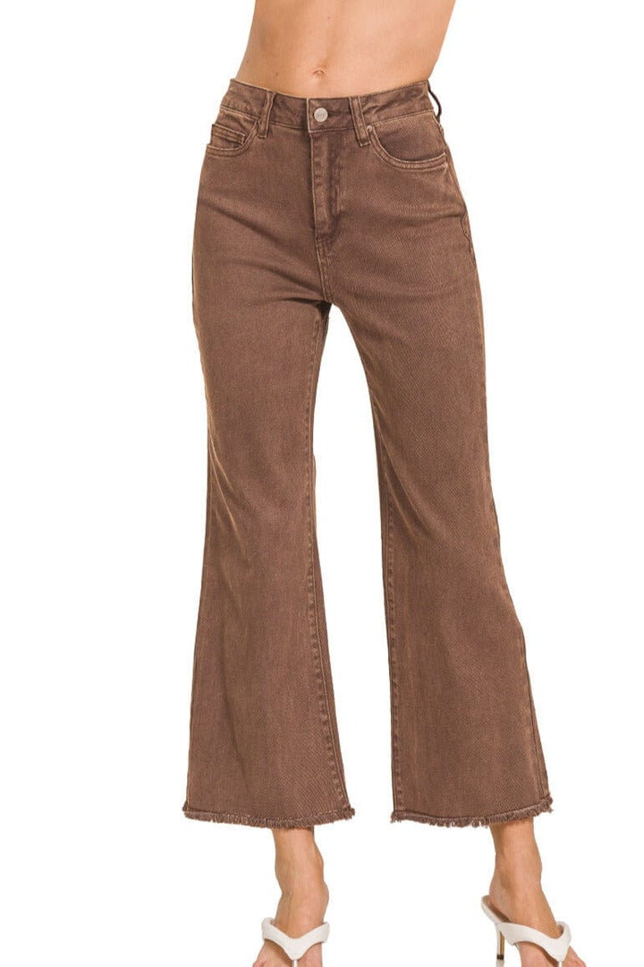 Zenana Acid Washed High Waist Frayed Hem Bootcut Pants