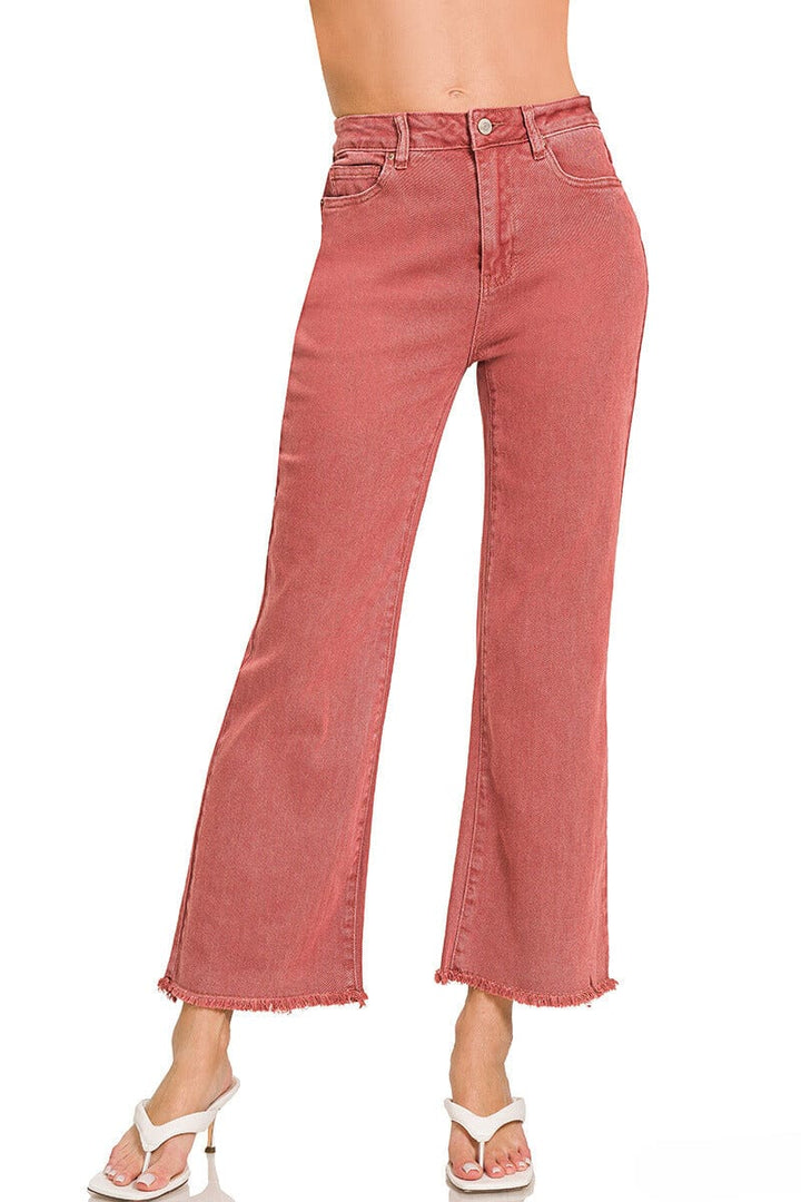 Zenana Acid Washed High Waist Frayed Hem Bootcut Pants