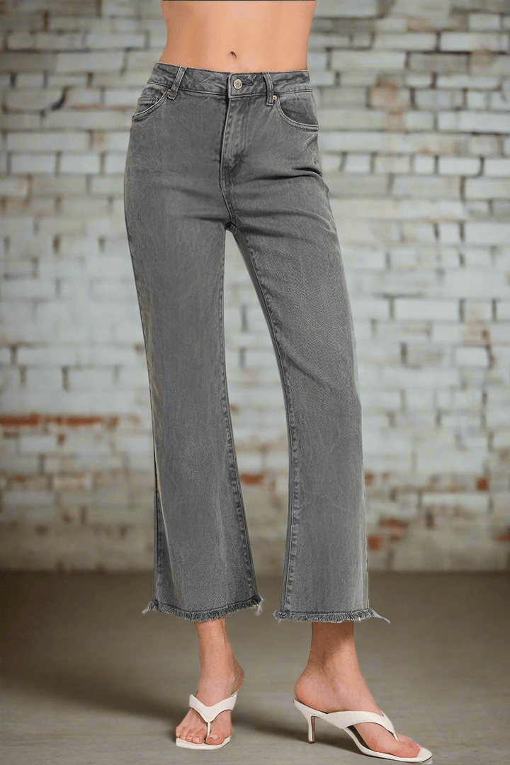 Zenana Acid Washed High Waist Frayed Hem Bootcut Pants