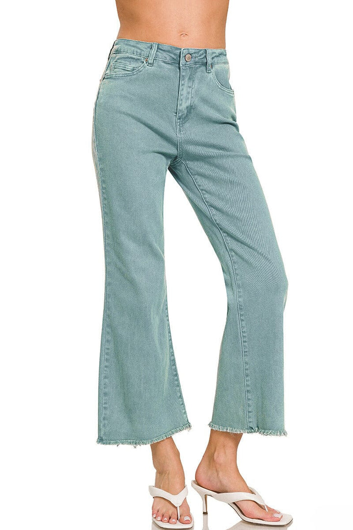 Zenana Acid Washed High Waist Frayed Hem Bootcut Pants