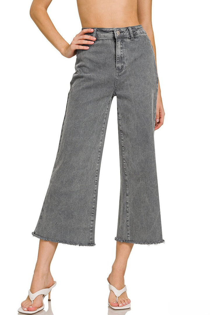 Zenana Acid Washed High Waist Frayed Hem Straight Leg Jeans