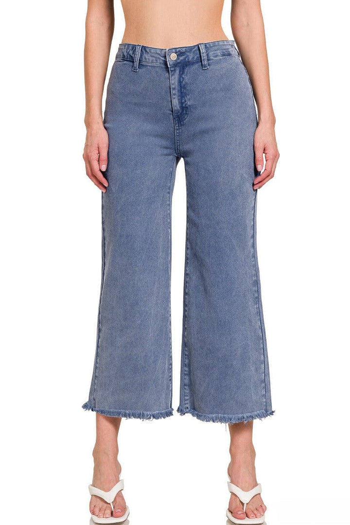 Zenana Acid Washed High Waist Frayed Hem Straight Leg Jeans