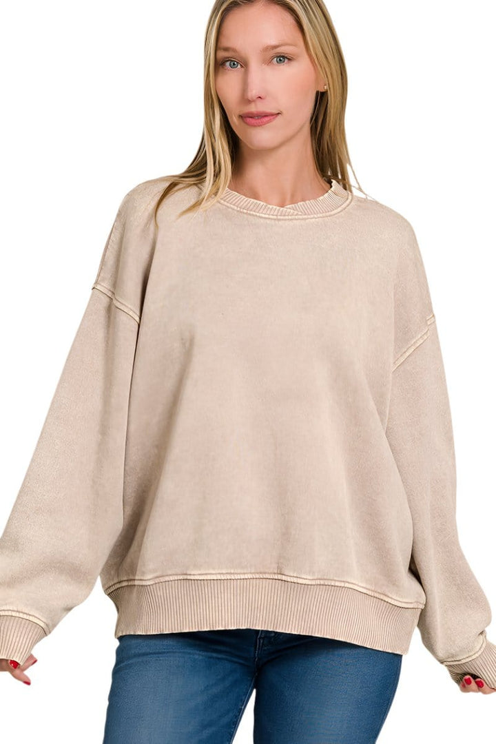 Zenana Acid Washed Oversized Fleece Pullover