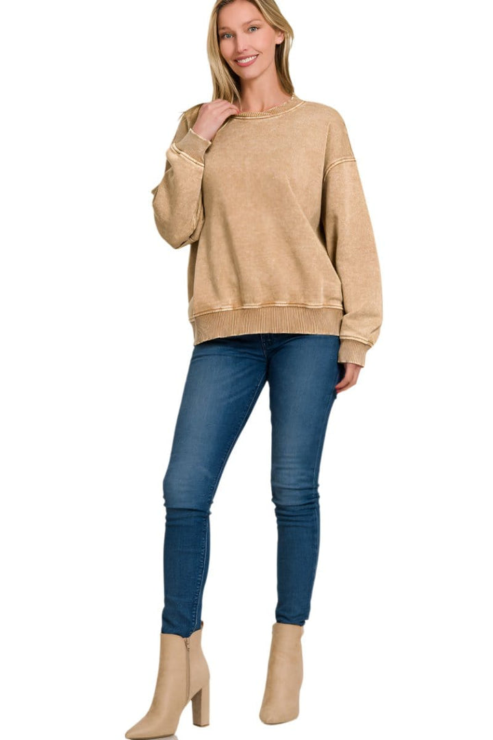 Zenana Acid Washed Oversized Fleece Pullover