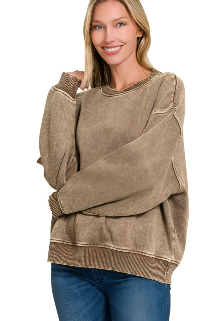 Zenana Acid Washed Oversized Fleece Pullover