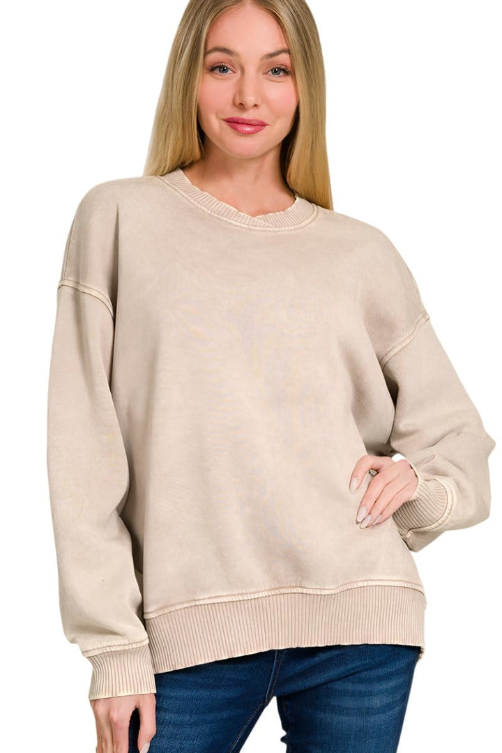 Zenana Acid Washed Oversized Fleece Pullover