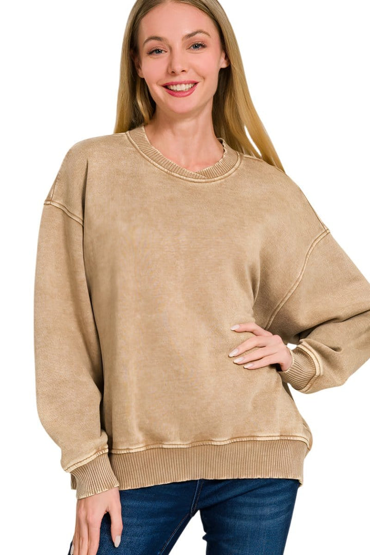 Zenana Acid Washed Oversized Fleece Pullover