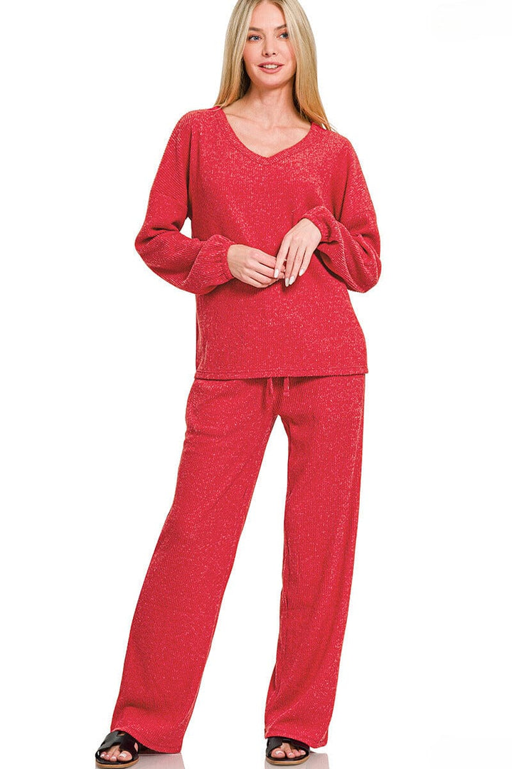 Zenana Brushed Hacci Long Sleeve Top and Pants Set