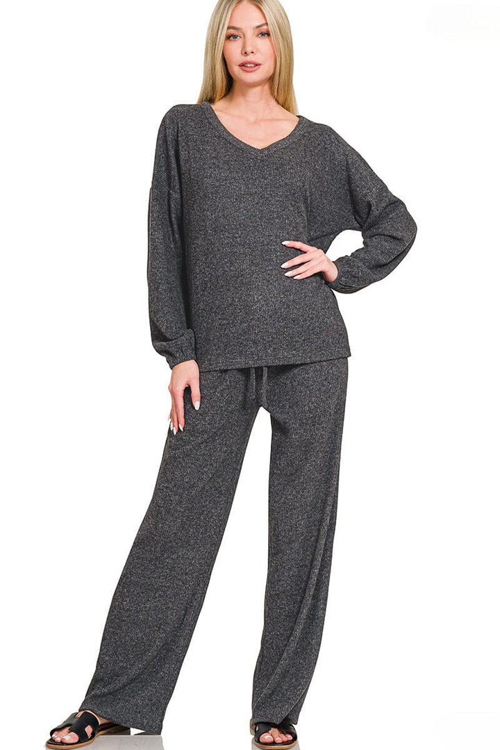 Zenana Brushed Hacci Long Sleeve Top and Pants Set