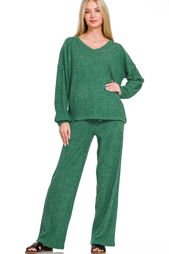 Zenana Brushed Hacci Long Sleeve Top and Pants Set