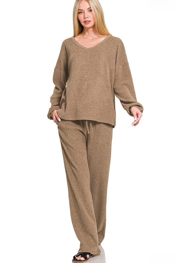 Zenana Brushed Hacci Long Sleeve Top and Pants Set