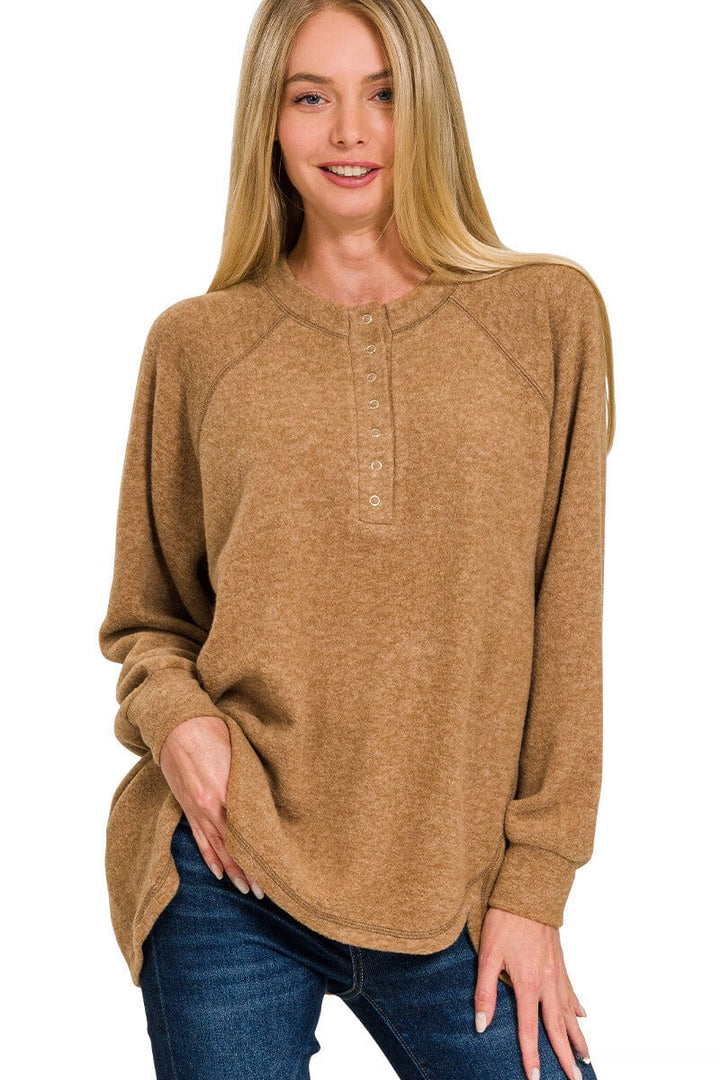 Zenana Brushed Melange Hacci Oversized Henley Button Placket Sweater