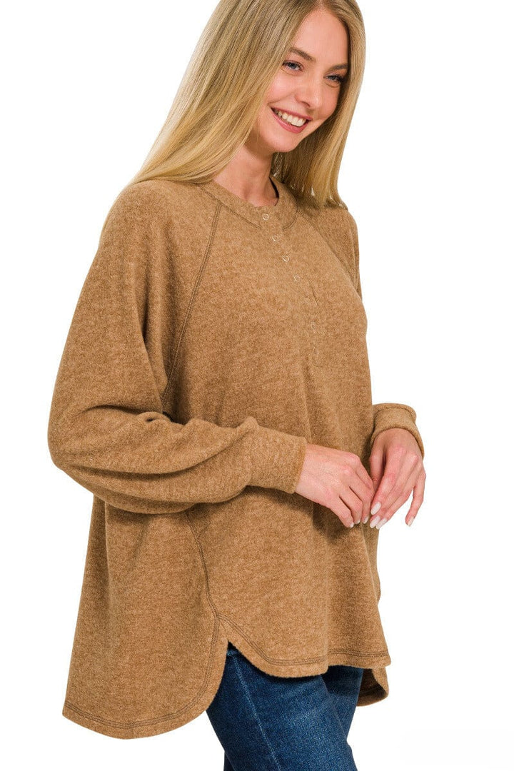 Zenana Brushed Melange Hacci Oversized Henley Button Placket Sweater