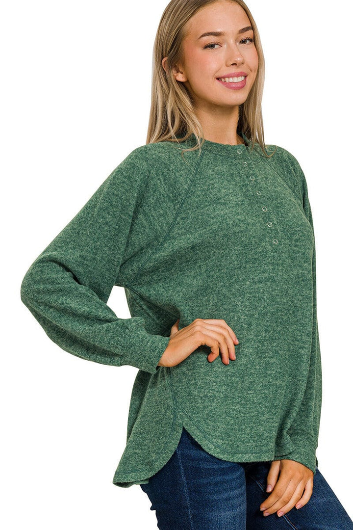 Zenana Brushed Melange Hacci Oversized Henley Button Placket Sweater