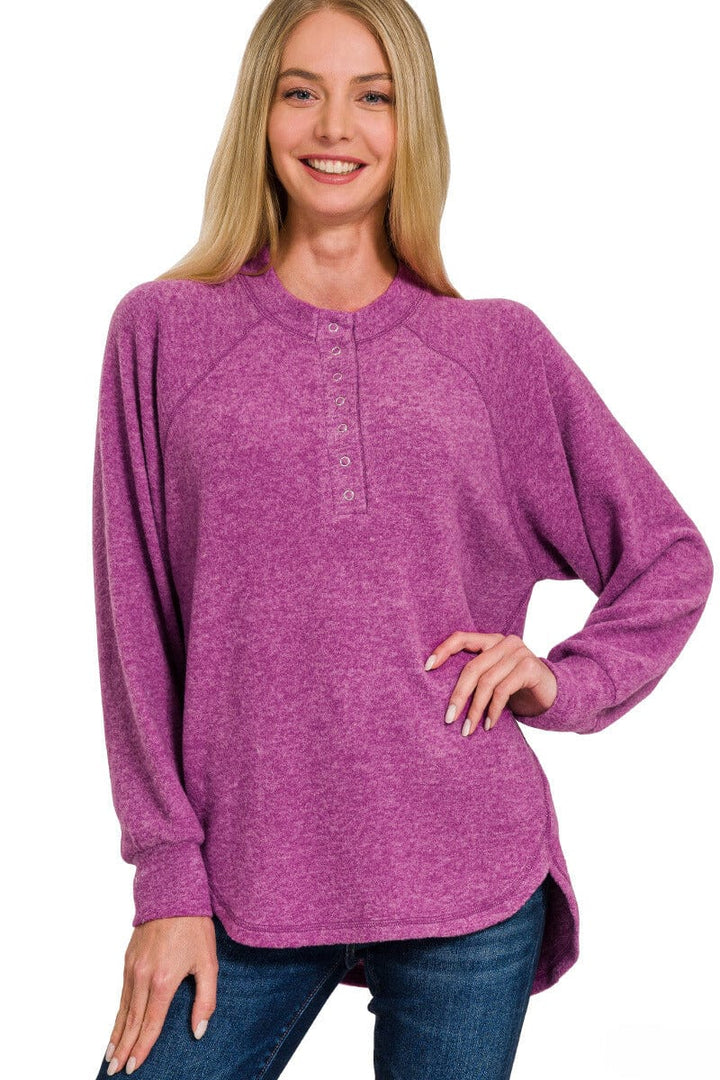 Zenana Brushed Melange Hacci Oversized Henley Button Placket Sweater