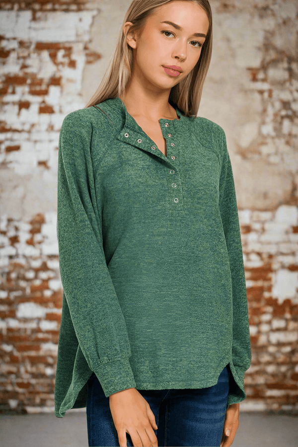 Zenana Brushed Melange Hacci Oversized Henley Button Placket Sweater