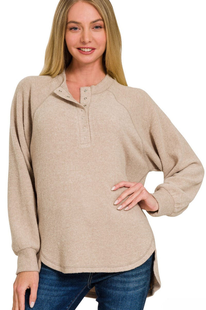 Zenana Brushed Melange Hacci Oversized Henley Button Placket Sweater