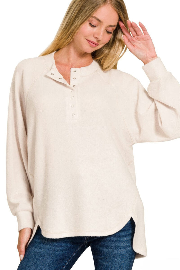 Zenana Brushed Melange Hacci Oversized Henley Button Placket Sweater