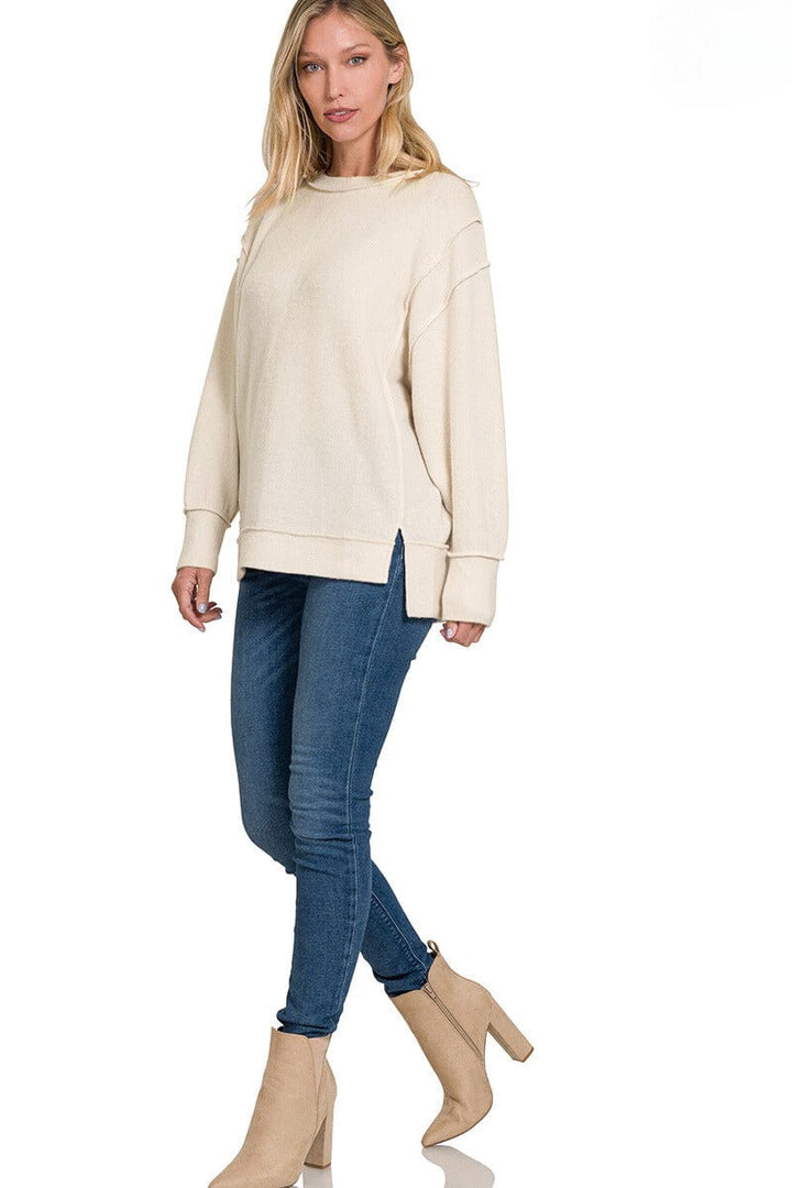 Zenana Brushed Melange Hacci Oversized Sweater with Exposed Seam Details