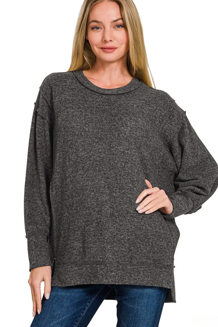 Zenana Brushed Melange Hacci Oversized Sweater with Exposed Seam Details