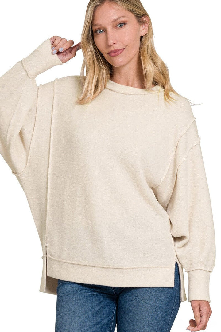 Zenana Brushed Melange Hacci Oversized Sweater with Exposed Seam Details