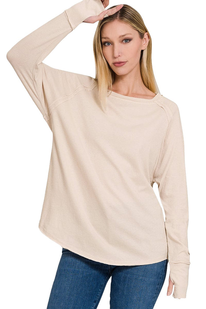 Zenana Cotton Raglan Sleeve Thumbhole Top