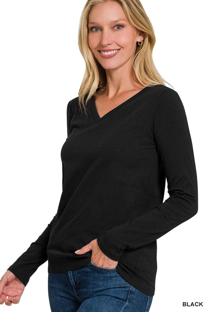 Zenana Cotton V-Neck Long Sleeve T-shirt