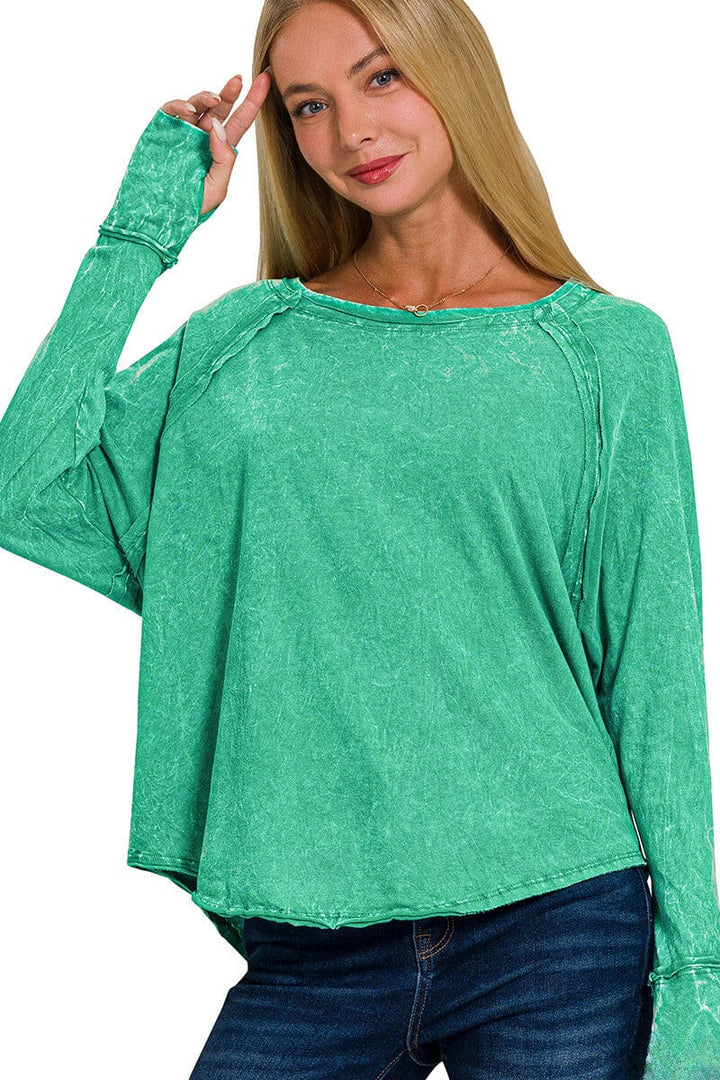 Zenana Crinkle Washed Long Sleeve Top with Thumbholes