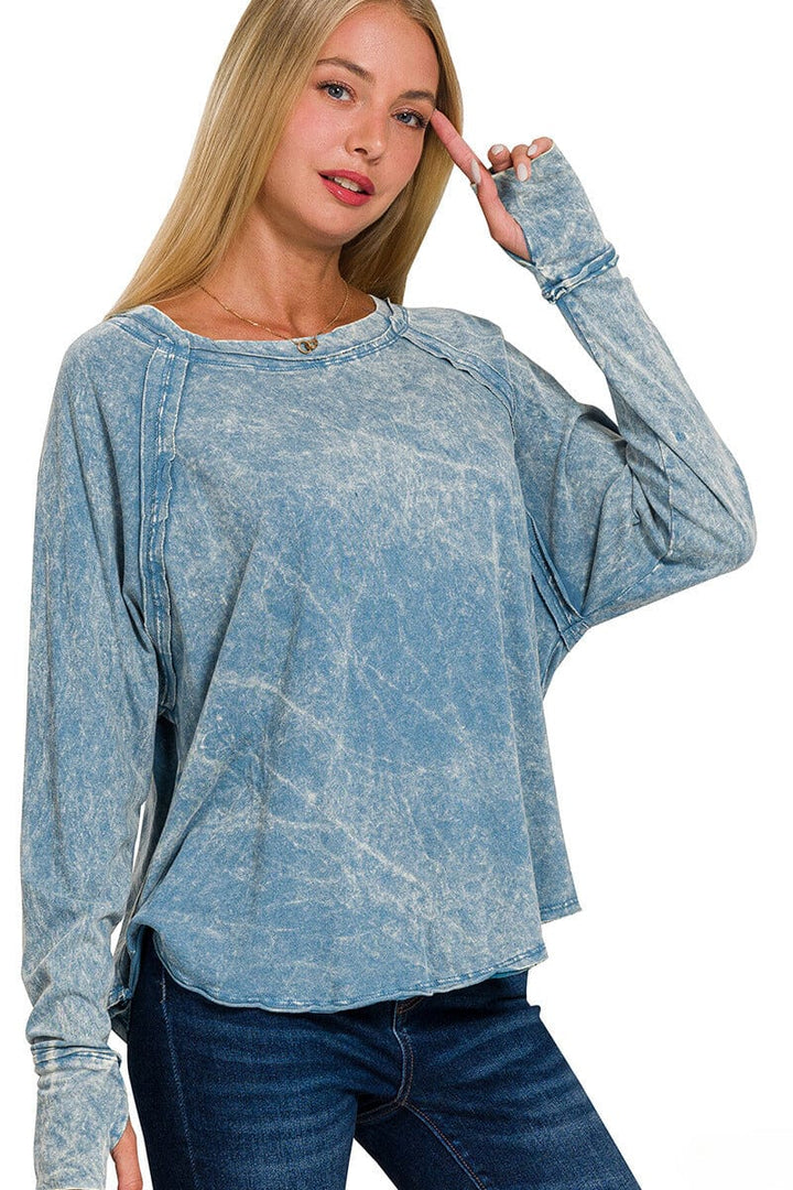 Zenana Crinkle Washed Long Sleeve Top with Thumbholes