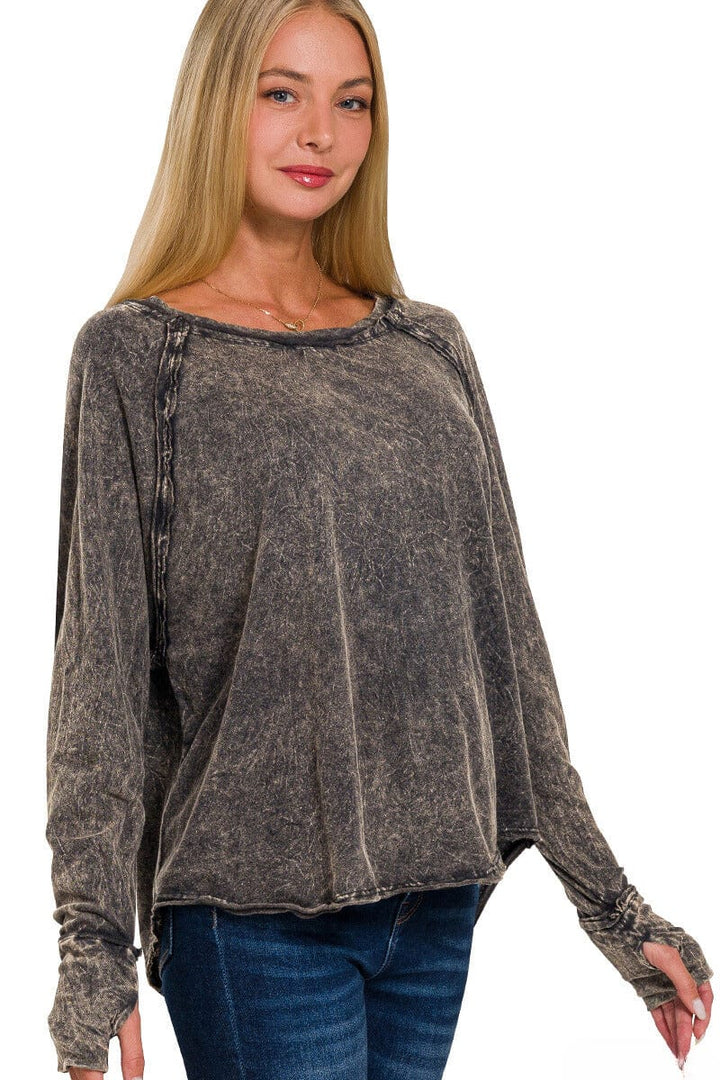 Zenana Crinkle Washed Long Sleeve Top with Thumbholes