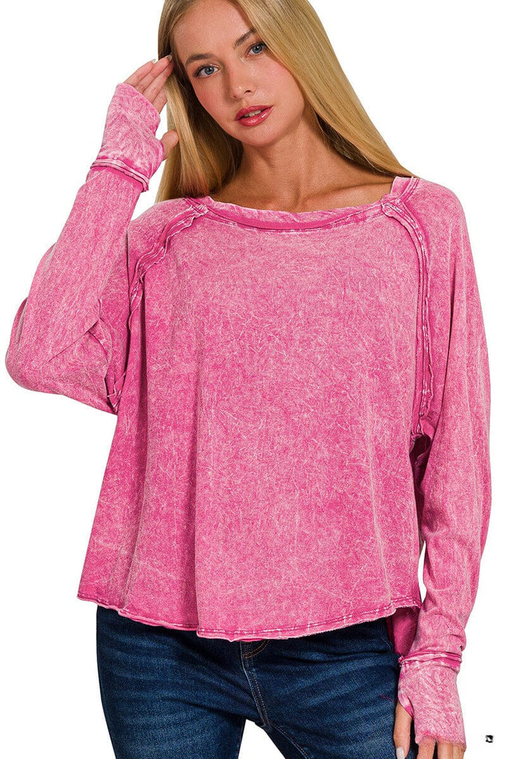 Zenana Crinkle Washed Long Sleeve Top with Thumbholes