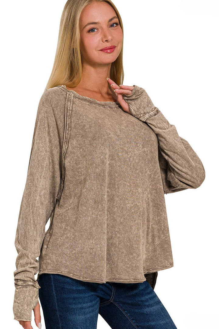 Zenana Crinkle Washed Long Sleeve Top with Thumbholes