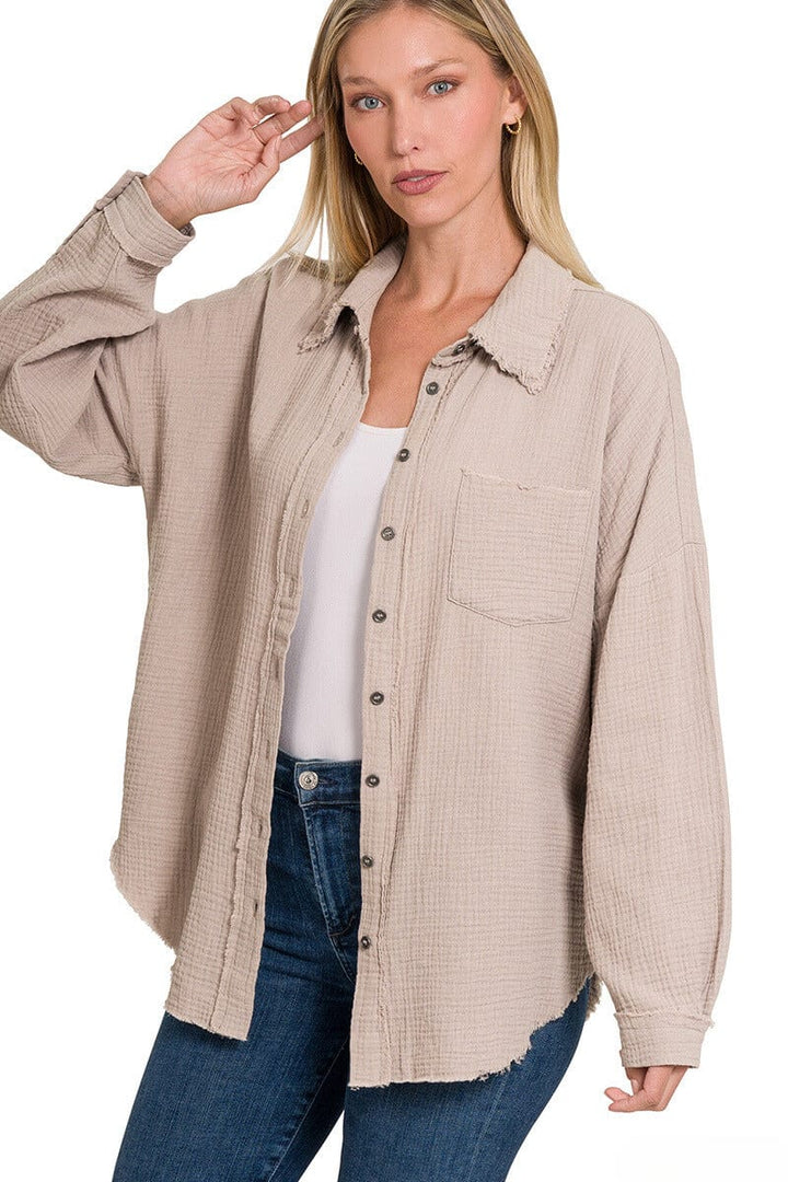 Zenana Double Gauze Oversized Raw Edge Shirt