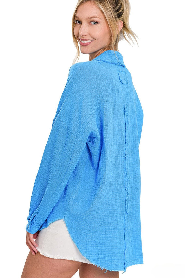 Zenana Double Gauze Oversized Raw Edge Shirt