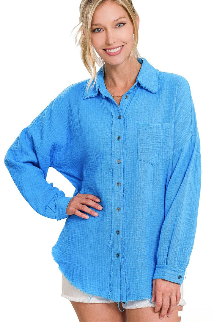 Zenana Double Gauze Oversized Raw Edge Shirt