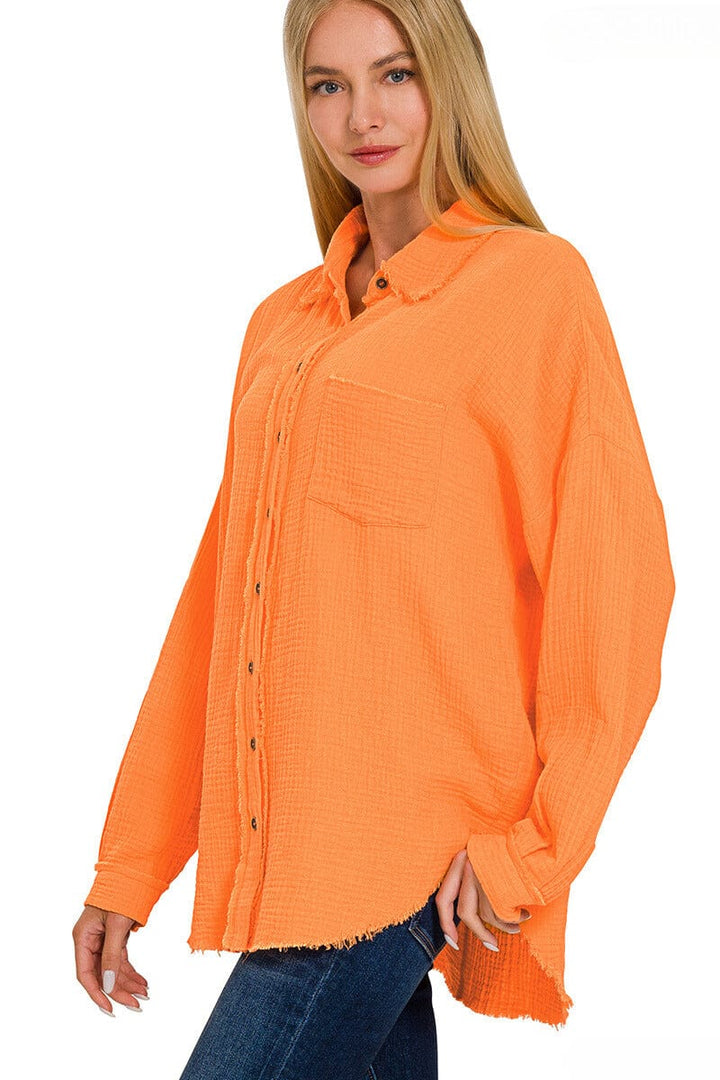 Zenana Double Gauze Oversized Raw Edge Shirt