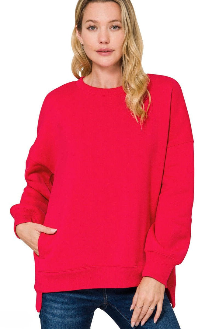 Zenana Fleece Hi-Low Boyfriend Sweatshirts with Pocket